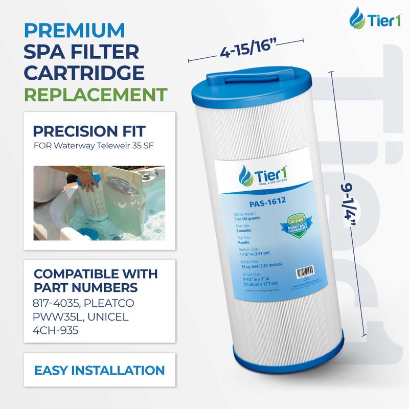 Tier1 Spa Filter Cartridge Replacement for Waterway Teleweir 35 SF â€“ 4 Pack | Compatible with 817-4035, Pleatco PWW35L, Unicel 4CH-935 | 9-1/4" x 4-15/16" | Trilobal Fabric | Washable & Reusable - Image 2